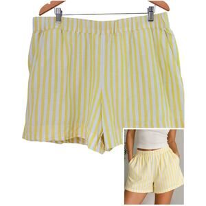 Linen Cotton Elastic Waist Shorts Size XL Yellow White Stripe Lounge Beach